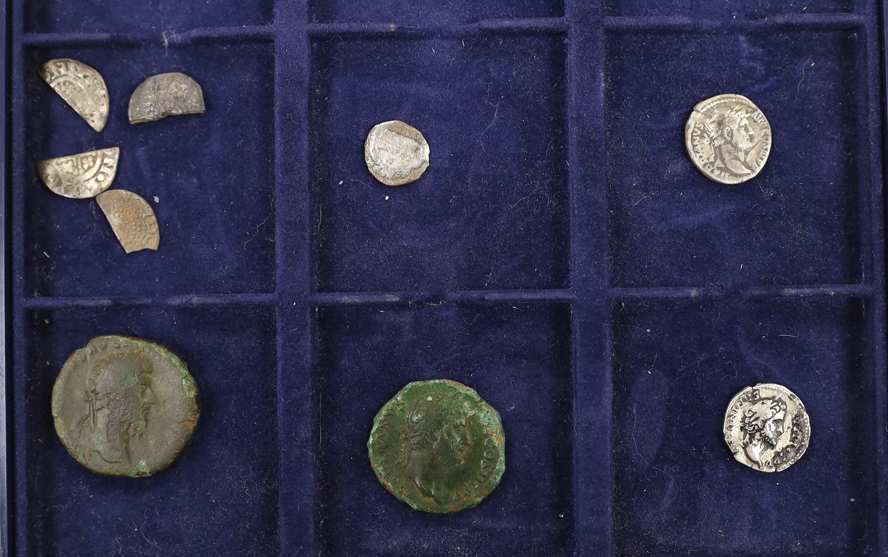 Roman Imperial Coinage, Antoninus Pius, Denarius, Hadrian AR Denarius. Rome, AD 134-138, Valens reduced siliqua, two AE coins, British hammered coinage, Henry VIII halfpenny, Elizabeth I threepence 1561, groat 1559-60, v